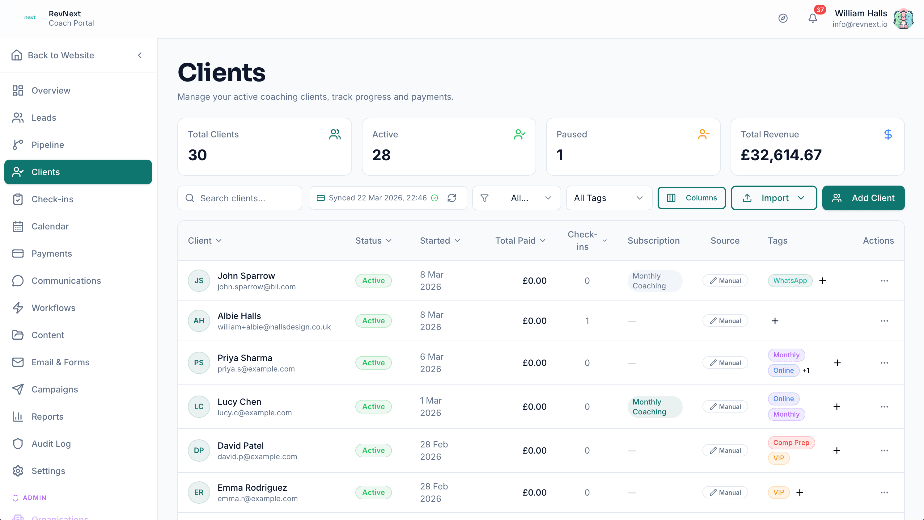 RevNext Clients page showing a table of active coaching clients with status, payments, check-ins and subscription data